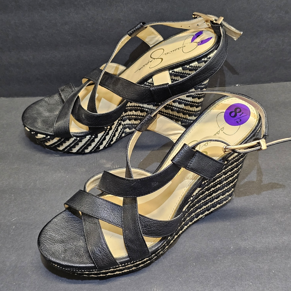 Jessica Simpson Strappy Black & Tan Wedge Sandals Heels